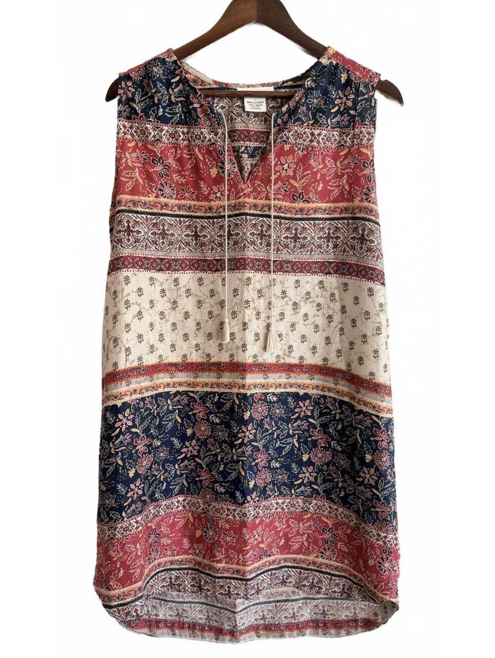 Beach Lunch Lounge Sleeveless Boho Dress Women’s L Floral Rayon Tassel Shift